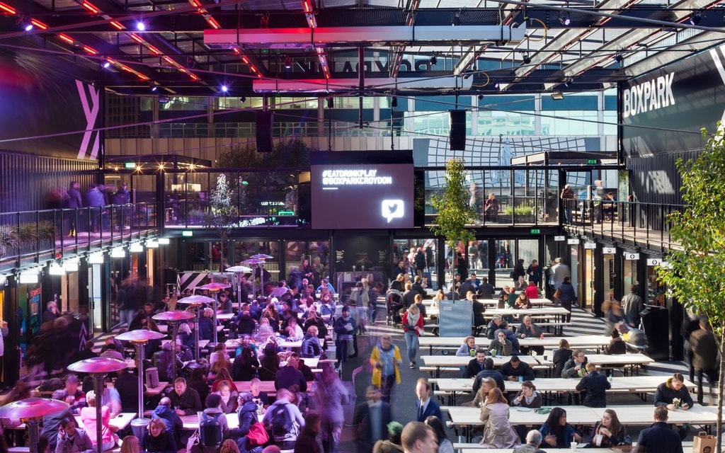 Boxpark Croydon night and day split image
