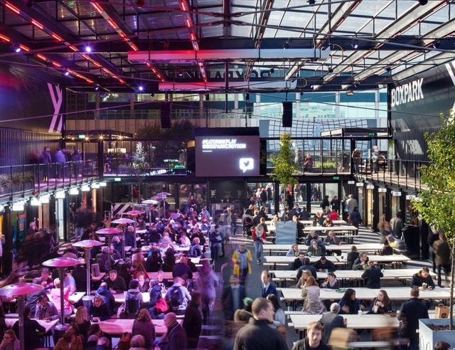 Boxpark Croydon night and day split image