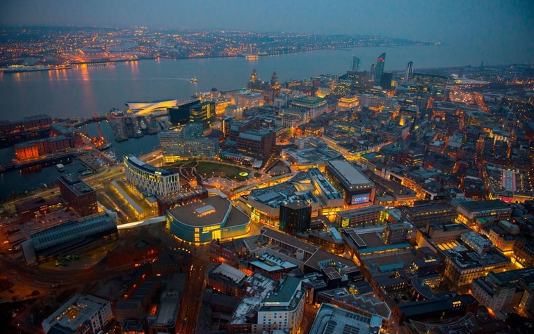 Liverpool ONE Arial photo night with lights