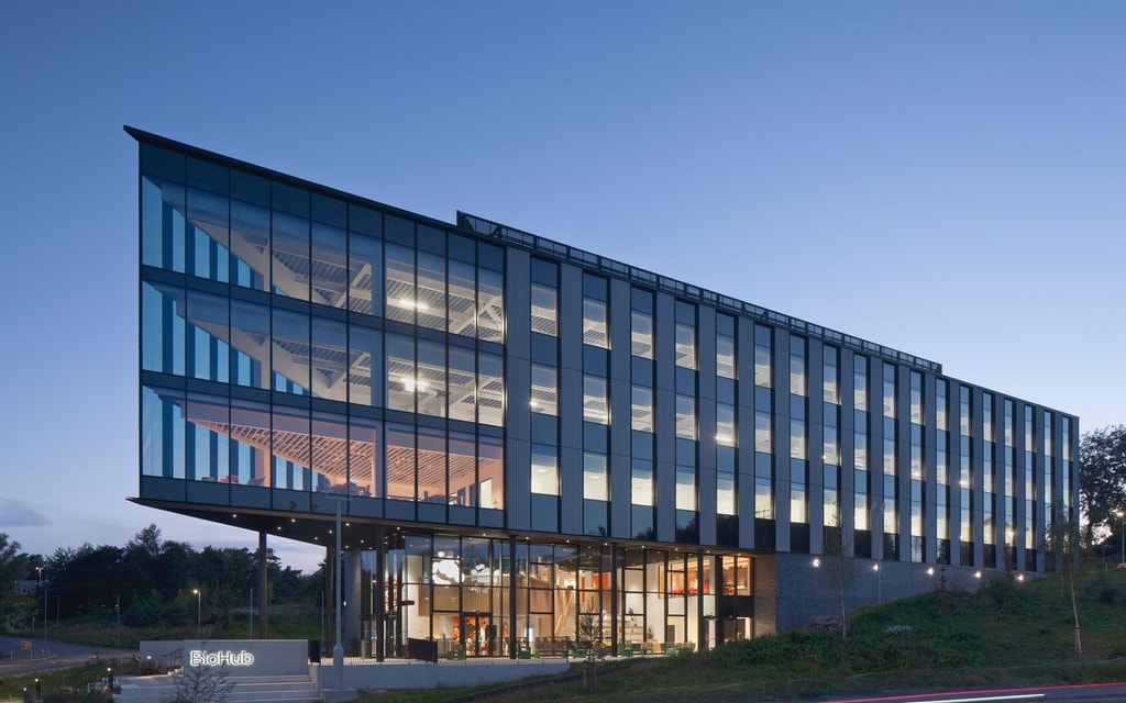 ONE Bio Hub External Night Image of the building lights