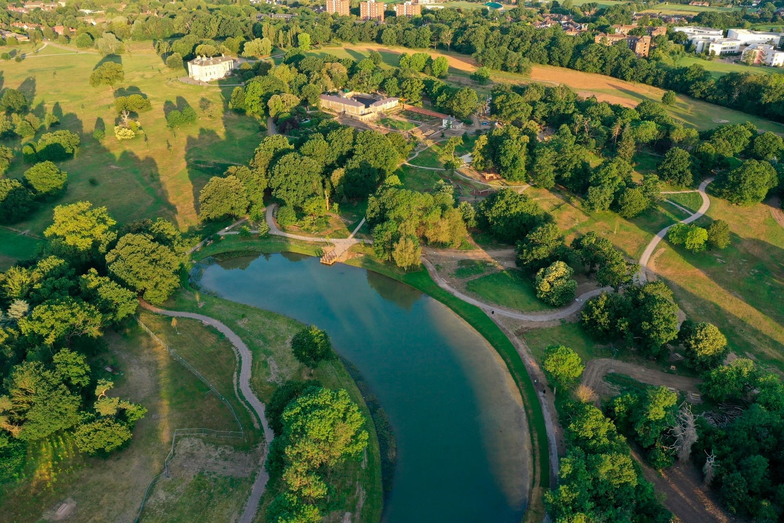 Beckenham Place Park aerial view with lake