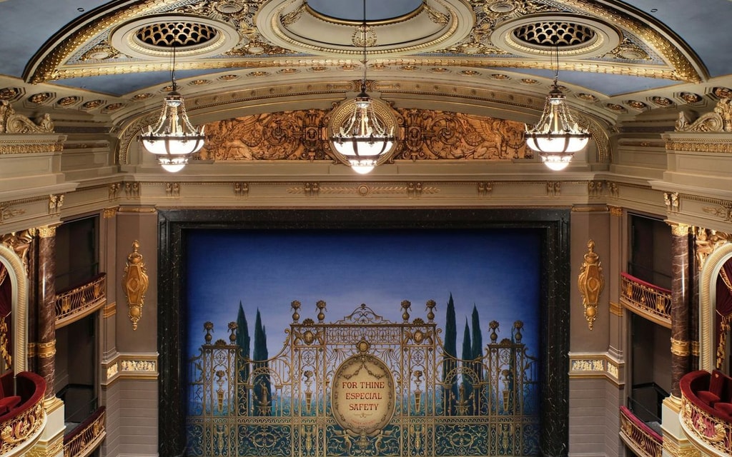 Theatre Royal Drury lane Stage from the seats lighting detail ceiling