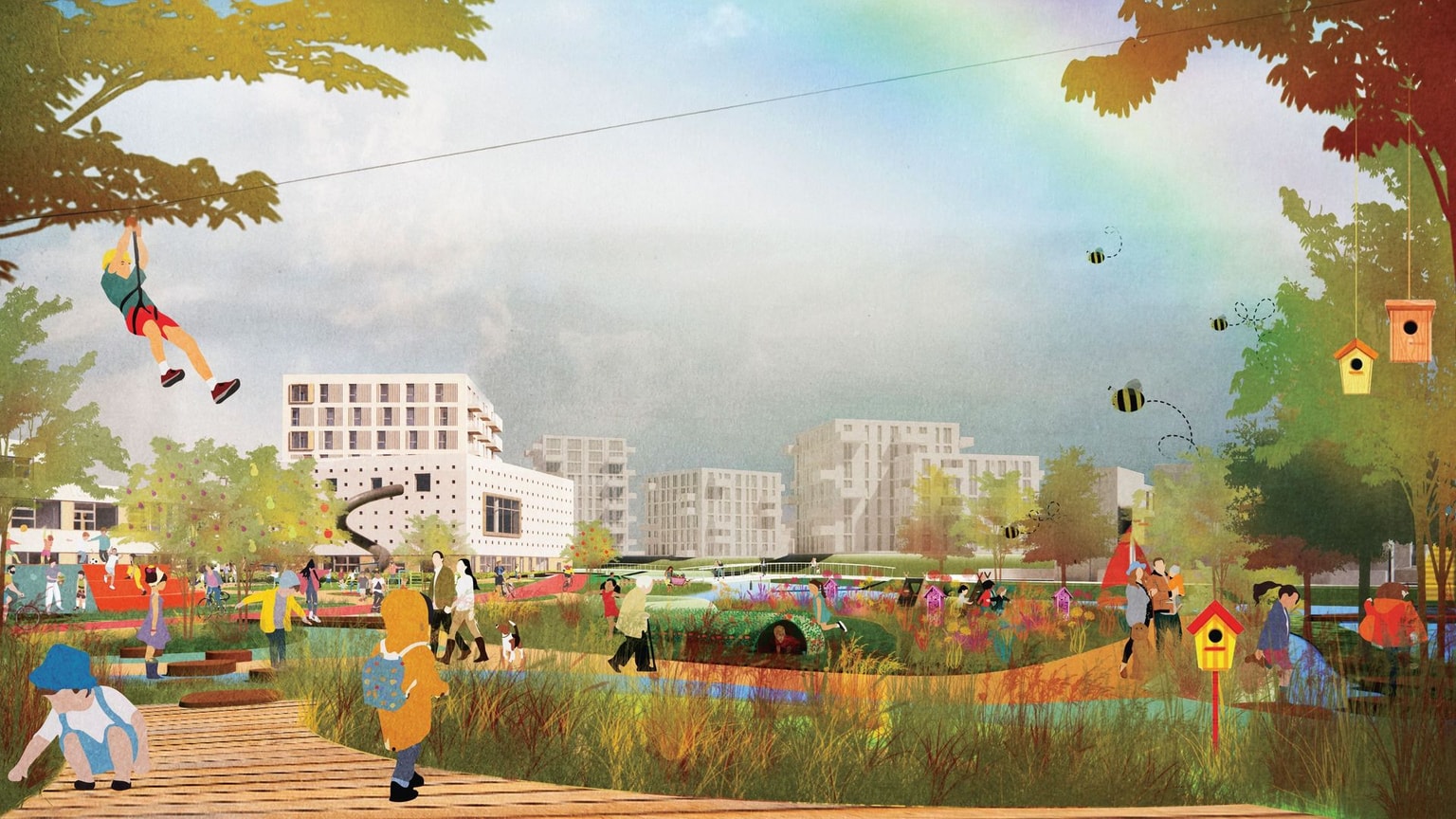 Westergouwe Community - CGI exterior of the school and surrounding area