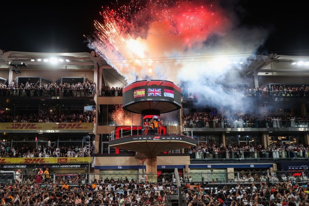 Yas Marina podium at night time celebration fireworks F1